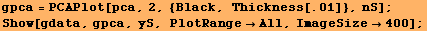 gpca = PCAPlot[pca, 2, {Black, Thickness[.01]}, nS] ; Show[gdata, gpca, yS, PlotRangeAll, ImageSize400] ; 