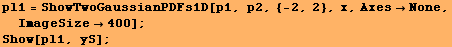 pl1 = ShowTwoGaussianPDFs1D[p1, p2, {-2, 2}, x, AxesNone, ImageSize400] ; Show[pl1, yS] ; 