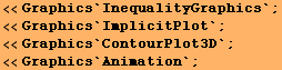 <<Graphics`InequalityGraphics` ; <<Graphics`ImplicitPlot` ; <<Graphics`ContourPlot3D` ; <<Graphics`Animation` ; 