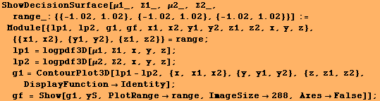 RowBox[{RowBox[{RowBox[{ShowDecisionSurface, [, RowBox[{μ1_, ,,  , Σ1_, ,,  , μ ... gf = Show[g1, yS, PlotRangerange, ImageSize288, AxesFalse]]}], ;}]