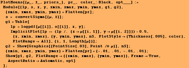 RowBox[{RowBox[{PlotMeans[{μ_, Σ_, priors_}, pr_, color_:Black, opt___], :=,  ... x}, {ymin, ymax}}, FrameTrue, AspectRatioAutomatic, opt]}]}], , ]}]}], ;}]
