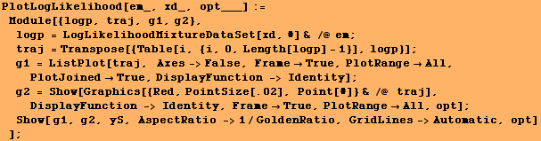 PlotLogLikelihood[em_, xd_, opt___] := Module[{logp, traj, g1, g2}, logp = Log ... #62371;Show[ g1, g2, yS, AspectRatio ->1/GoldenRatio, GridLines->Automatic, opt] ] ;