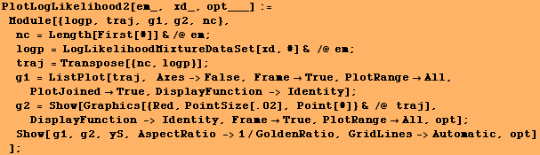 PlotLogLikelihood2[em_,   xd_, opt___] := Module[{logp, traj, g1, g2, nc}, & ... #62371;Show[ g1, g2, yS, AspectRatio ->1/GoldenRatio, GridLines->Automatic, opt] ] ;