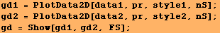 gd1 = PlotData2D[data1, pr, style1, nS] ; gd2 = PlotData2D[data2, pr, style2, nS] ; gd = Show[gd1, gd2, FS] ; 