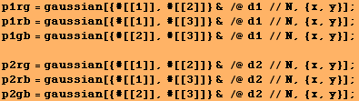 p1rg = gaussian[{#[[1]], #[[2]]} & /@ d1 //N, {x, y}] ; p1rb = gaussian[{#[[1]], #[[3]]} & ... ], #[[3]]} & /@ d2 //N, {x, y}] ; p2gb = gaussian[{#[[2]], #[[3]]} & /@ d2 //N, {x, y}] ; 