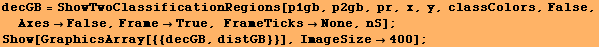 decGB = ShowTwoClassificationRegions[p1gb, p2gb, pr, x, y, classColors, False, AxesFal ... rue, FrameTicksNone, nS] ; Show[GraphicsArray[{{decGB, distGB}}], ImageSize400] ; 