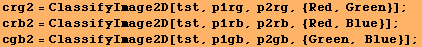 crg2 = ClassifyImage2D[tst, p1rg, p2rg, {Red, Green}] ; crb2 = ClassifyImage2D[tst, p1rb, p2rb, {Red, Blue}] ; cgb2 = ClassifyImage2D[tst, p1gb, p2gb, {Green, Blue}] ; 