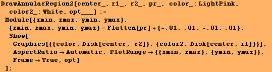 DrawAnnularRegion2[center_, r1_, r2_, pr_, color_:LightPink, color2_:White, opt___] :=  ... 754;Automatic, PlotRange {{xmin, xmax}, {ymin, ymax}}, FrameTrue, opt] ] ;