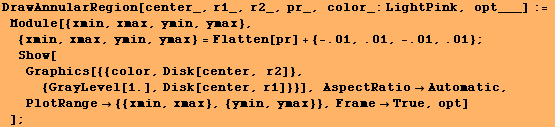 RowBox[{RowBox[{DrawAnnularRegion[center_, r1_, r2_, pr_, color_:LightPink, opt___], :=, ɯ ... 62754; {{xmin, xmax}, {ymin, ymax}}, ,, FrameTrue, ,, opt}], ]}]}]}], , ]}]}], ;}]