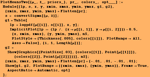 RowBox[{RowBox[{PlotMeansTwo[{μ_, Σ_, priors_}, pr_, colors_, opt___], :=, , ... x}, {ymin, ymax}}, FrameTrue, AspectRatioAutomatic, opt]}]}], , ]}]}], ;}]