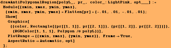 drawAntiPolygonalRegion[polyL_, pr_, color_:LightPink, opt___] := Module[{xmin, xmax,  ... 4; {{xmin, xmax}, {ymin, ymax}}, FrameTrue, AspectRatioAutomatic, opt] ] ;