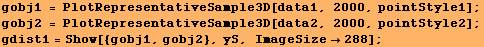 gobj1 = PlotRepresentativeSample3D[data1, 2000, pointStyle1] ; gobj2 = PlotRepresentativeSample3D[data2, 2000, pointStyle2] ; gdist1 = Show[{gobj1, gobj2}, yS, ImageSize288] ; 