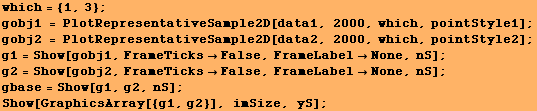 which = {1, 3} ; gobj1 = PlotRepresentativeSample2D[data1, 2000, which, pointStyle1] ; gobj2 = ... meLabelNone, nS] ; gbase = Show[g1, g2, nS] ; Show[GraphicsArray[{g1, g2}], imSize, yS] ; 