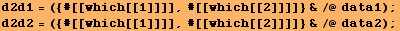 d2d1 = ({#[[which[[1]]]], #[[which[[2]]]]} &/@ data1) ; d2d2 = ({#[[which[[1]]]], #[[which[[2]]]]} &/@ data2) ; 