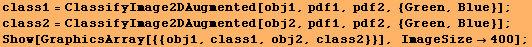 class1 = ClassifyImage2DAugmented[obj1, pdf1, pdf2, {Green, Blue}] ; class2 = ClassifyImage2DA ... df2, {Green, Blue}] ; Show[GraphicsArray[{{obj1, class1, obj2, class2}}], ImageSize400] ; 