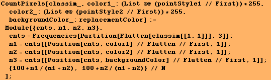 CountPixels[classim_, color1_: (List @@ (pointStyle1 // First)) * 255, color2_: (List @@ (poin ... olor] // Flatten // First, 1]] ;  {100 * n1/(n1 + n2), 100 * n2/(n1 + n2)} // N] ;