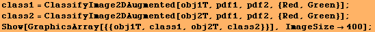 class1 = ClassifyImage2DAugmented[obj1T, pdf1, pdf2, {Red, Green}] ; class2 = ClassifyImage2DA ... f2, {Red, Green}] ; Show[GraphicsArray[{{obj1T, class1, obj2T, class2}}], ImageSize400] ; 