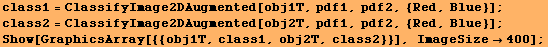 class1 = ClassifyImage2DAugmented[obj1T, pdf1, pdf2, {Red, Blue}] ; class2 = ClassifyImage2DAu ... df2, {Red, Blue}] ; Show[GraphicsArray[{{obj1T, class1, obj2T, class2}}], ImageSize400] ; 