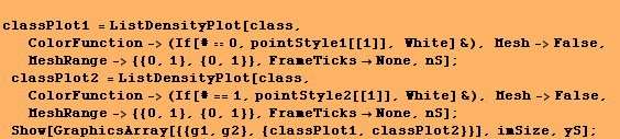 <br />classPlot1 = ListDensityPlot[class, ColorFunction-> (If[#0, pointStyle1[[1]], ... #62754;None, nS] ; Show[GraphicsArray[{{g1, g2}, {classPlot1, classPlot2}}], imSize, yS] ;