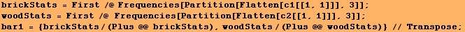 brickStats = First /@ Frequencies[Partition[Flatten[c1[[1, 1]]], 3]] ; woodStats = First /@&nb ... ]]], 3]] ; bar1 = {brickStats/(Plus @@ brickStats), woodStats/(Plus @@ woodStats)} // Transpose ; 