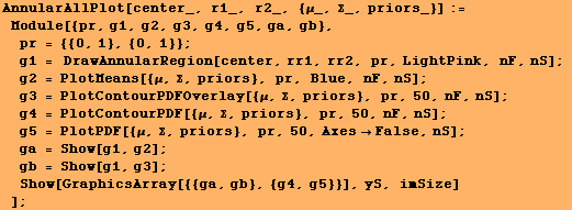 AnnularAllPlot[center_, r1_, r2_, {μ_, Σ_, priors_}] := Module[{pr, g1, g2,  ... 2371;gb = Show[g1, g3] ; Show[GraphicsArray[{{ga, gb}, {g4, g5}}], yS, imSize] ] ;