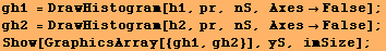 gh1 = DrawHistogram[h1, pr, nS, AxesFalse] ; gh2 = DrawHistogram[h2, pr, nS, AxesFalse] ; Show[GraphicsArray[{gh1, gh2}], yS, imSize] ; 