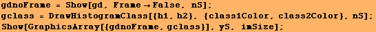 gdnoFrame = Show[gd, FrameFalse, nS] ; gclass = DrawHistogramClass[{h1, h2}, {class1Color, class2Color}, nS] ; Show[GraphicsArray[{gdnoFrame, gclass}], yS, imSize] ; 