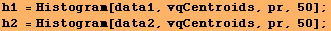 h1 = Histogram[data1, vqCentroids, pr, 50] ; h2 = Histogram[data2, vqCentroids, pr, 50] ; 