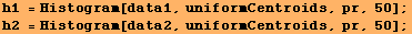 h1 = Histogram[data1, uniformCentroids, pr, 50] ; h2 = Histogram[data2, uniformCentroids, pr, 50] ; 