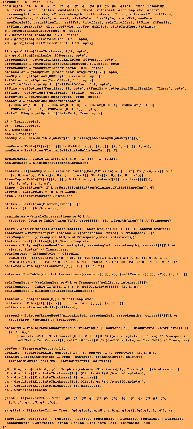RowBox[{RowBox[{DrawHMM[a_, b_, opts___], :=, RowBox[{Module, [, RowBox[{{at, bt, c, n, α ... ;Automatic, Frame->False, PlotRangeAll, ImageSize400]}]}], , ]}]}], ;}]