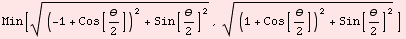 Min[((-1 + Cos[θ/2])^2 + Sin[θ/2]^2)^(1/2), ((1 + Cos[θ/2])^2 + Sin[θ/2]^2)^(1/2)]