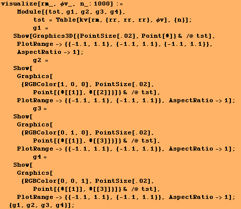 RowBox[{RowBox[{visualize[rm_, ϕv_, n_:1000], :=, <br />,     , RowBo ... , ,, 1.1}], }}]}], }}]}], ,,  , AspectRatio->1}], ]}]}], ;,  , {g1, g2, g3, g4}}]}], ]}]}], ;}]