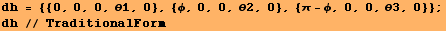 dh = {{0, 0, 0, θ1, 0}, {ϕ, 0, 0, θ2, 0}, {π - ϕ, 0, 0, θ3, 0}} ; dh // TraditionalForm 