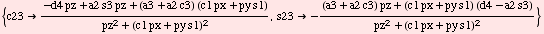 {c23 (-d4 pz + a2 s3 pz + (a3 + a2 c3) (c1 px + py s1))/(pz^2 + (c1 px + py s1)^2), s23 -((a3 + a2 c3) pz + (c1 px + py s1) (d4 - a2 s3))/(pz^2 + (c1 px + py s1)^2)}