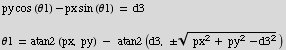 py cos (θ1) - px sin (θ1) = d3<br /> θ1 = atan2 (px, py) -    atan2 (d3,  ( px^2 +   py^2 - d3^2)^(1/2)) 