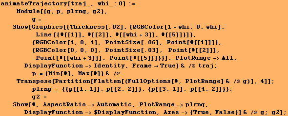 animateTrajectory[traj_, whi_:0] := <br />    Module[{g, p, plrng, g2}, <b ... Range->plrng, DisplayFunction->$DisplayFunction, Axes-> {True, False}] & /@ g ; g2] ;