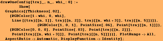 drawOneConfig[traj_, n_, whi_:0] := <br />        Show ... nt[traj[[n, 5]]]}}], PlotRange->All, AspectRatio->Automatic, DisplayFunction->Identity] ;