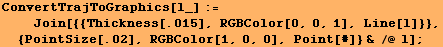 ConvertTrajToGraphics[l_] := <br />    Join[{{Thickness[.015], RGBColor[0, 0, 1], Line[l]}}, {PointSize[.02], RGBColor[1, 0, 0], Point[#]} & /@ l] ;