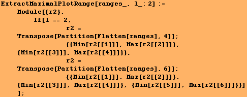 ExtractMaximalPlotRange[ranges_, l_:2] := <br />    Module[{r2}, <br />&nb ... ]}, {Min[r2[[3]]], Max[r2[[4]]]}, {Min[r2[[5]]], Max[r2[[6]]]}}] <br />    ] ;