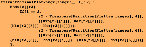 ExtractMaximalPlotRange[ranges_, l_:2] := <br />    Module[{r2}, <br />&nb ... ]}, {Min[r2[[3]]], Max[r2[[4]]]}, {Min[r2[[5]]], Max[r2[[6]]]}}] <br />    ] ;