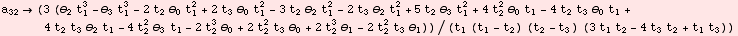 a_32 (3 (θ_2 t_1^3 - θ_3 t_1^3 - 2 t_2 θ_0 t_1^2 + 2 t_3 θ_0 t_1^2 ...  θ_1 - 2 t_2^2 t_3 θ_1))/(t_1 (t_1 - t_2) (t_2 - t_3) (3 t_1 t_2 - 4 t_3 t_2 + t_1 t_3))