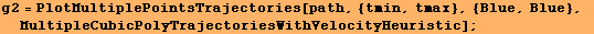 g2 = PlotMultiplePointsTrajectories[path, {tmin, tmax}, {Blue, Blue}, MultipleCubicPolyTrajectoriesWithVelocityHeuristic] ;