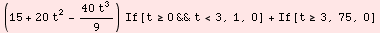 (15 + 20 t^2 - (40 t^3)/9) If[t≥0&&t<3, 1, 0] + If[t≥3, 75, 0]