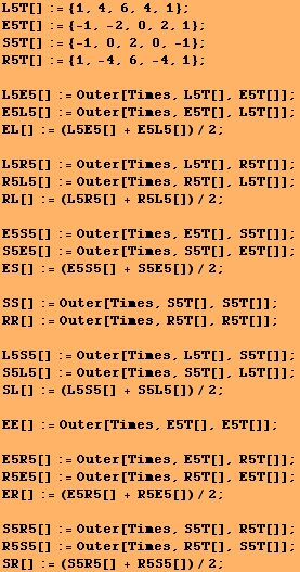 L5T[] := {1, 4, 6, 4, 1} ; E5T[] := {-1, -2, 0, 2, 1} ; S5T[] := {-1, 0, 2, 0, -1} ; R5T[] :=  ... Outer[Times, S5T[], R5T[]] ; R5S5[] := Outer[Times, R5T[], S5T[]] ; SR[] := (S5R5[] + R5S5[])/2 ; 