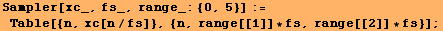 Sampler[xc_, fs_, range_: {0, 5}] := Table[{n, xc[n/fs]}, {n, range[[1]] * fs, range[[2]] * fs}] ;