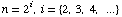 n = 2^i, i = {2, 3, 4, ...}