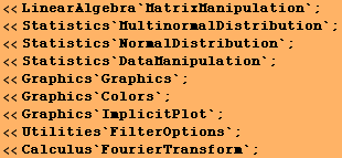 <<LinearAlgebra`MatrixManipulation` ; <<Statistics`MultinormalDistribution` ; < ... ;Graphics`ImplicitPlot` ; <<Utilities`FilterOptions` ; <<Calculus`FourierTransform` ; 