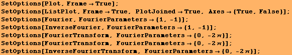 SetOptions[Plot, FrameTrue] ; SetOptions[ListPlot, FrameTrue, PlotJoinedᢃ ... ; {0, -2π}] ; SetOptions[InverseFourierTransform, FourierParameters {0, -2π}] ; 