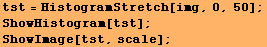 tst = HistogramStretch[img, 0, 50] ; ShowHistogram[tst] ; ShowImage[tst, scale] ; 