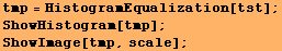 tmp = HistogramEqualization[tst] ; ShowHistogram[tmp] ; ShowImage[tmp, scale] ; 